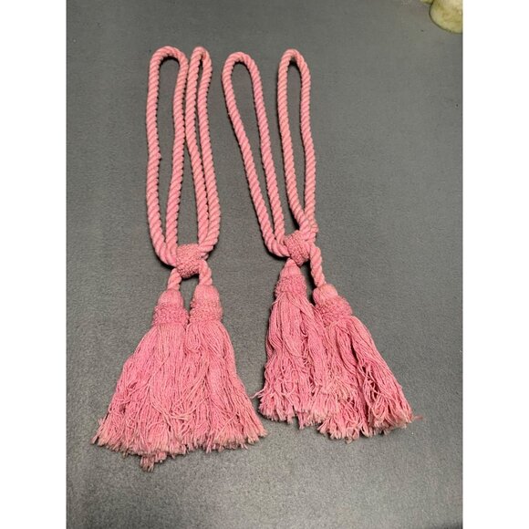Pair Of Pink Twisted Rope Curtain Tiebacks with Tassels 18" Long Set of 2 - Picture 6 of 12
